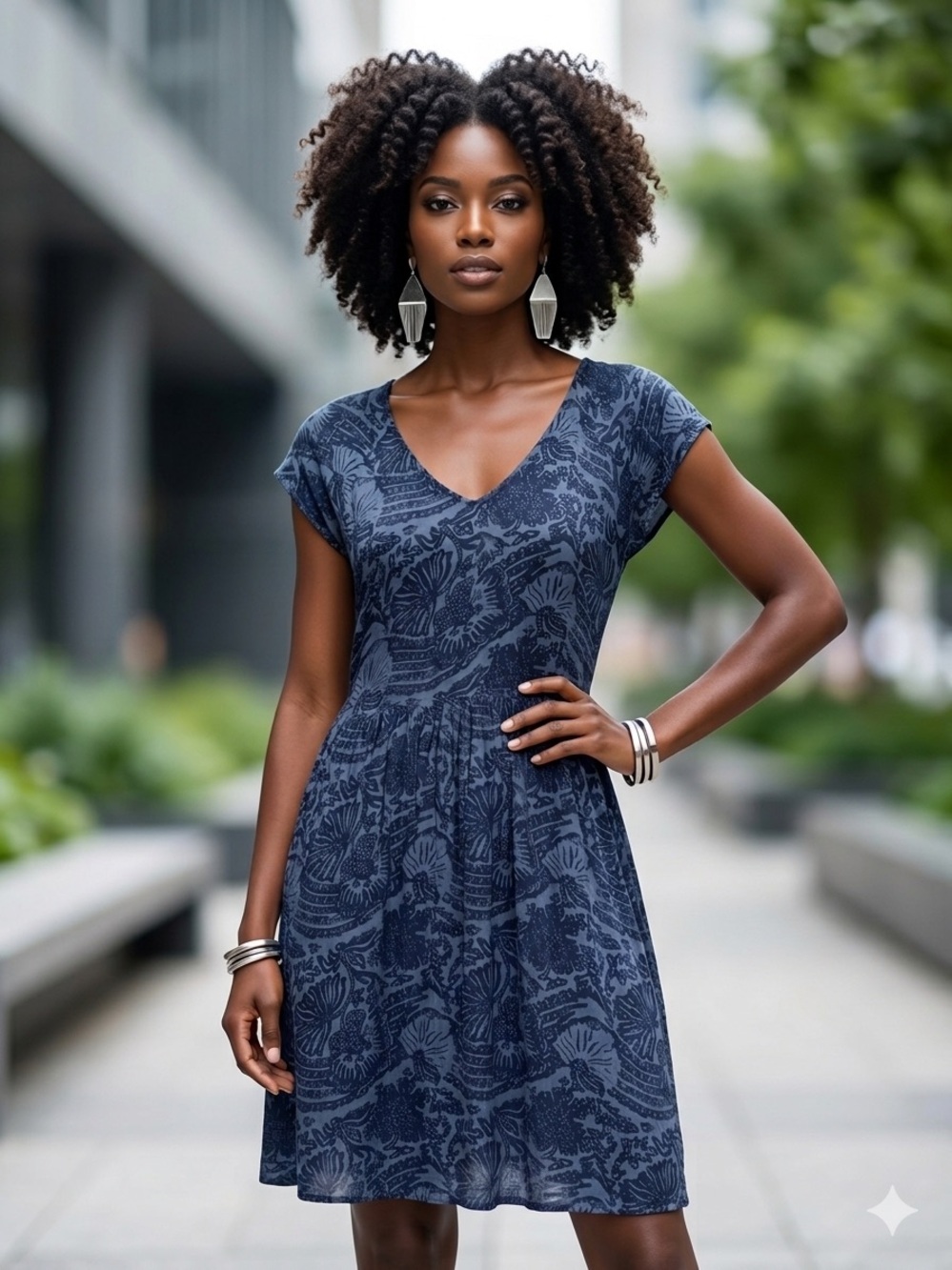 Old Navy Navy Floral V-Neck Fit & Flare Mini Dress